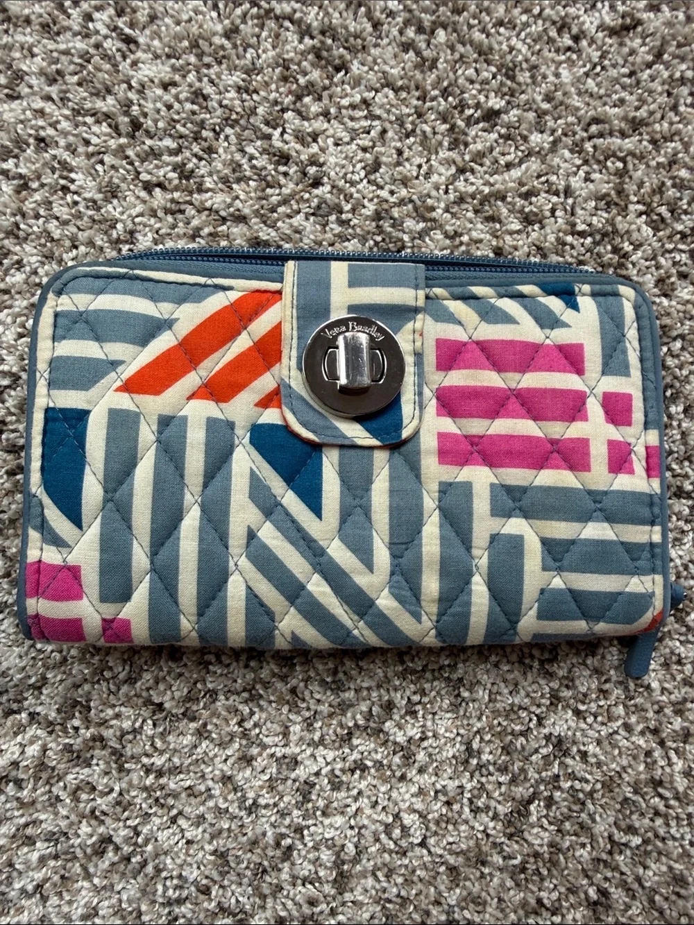 Vera Bradley Quilted Wallet in Blue, Pink & Orange Geometric Pattern